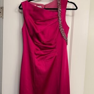 Kay Unger One-Shoulder Fuchsia Cocktail Dress with Beaded Strap